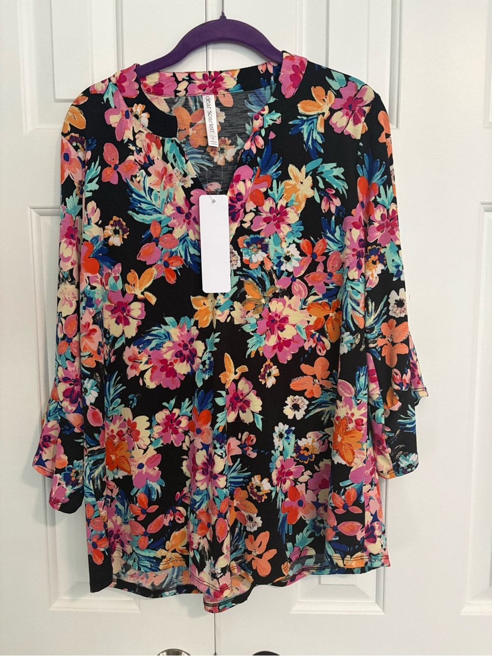 Dr Scarlett Black Floral Tunic Top - Pink, Orange & Teal Sz L